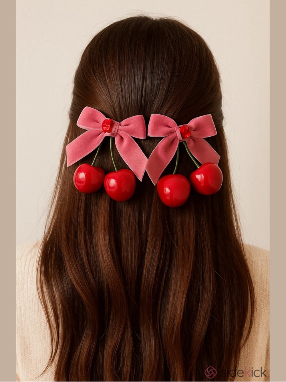 It Girl Cherry Hair Clips with Pink Velvet Ribbon Bow - 2 Barrettes - Picture 5 of 9